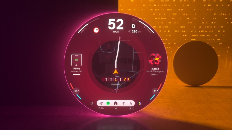 Кръгъл дисплей на MINI в режим Vivid, показващ навигационния екран