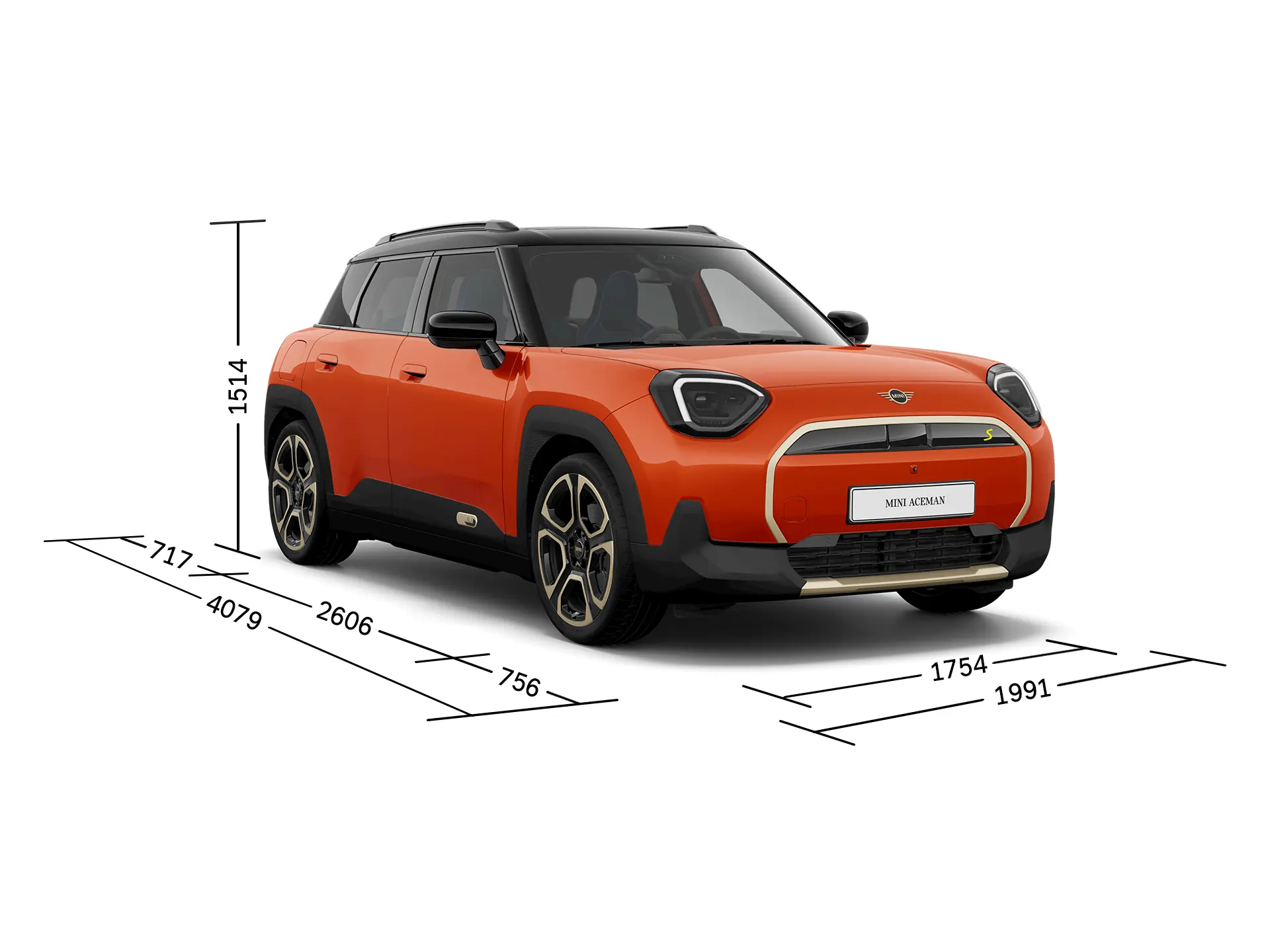 Напълно електрическо MINI Aceman - изглед отпред с размери