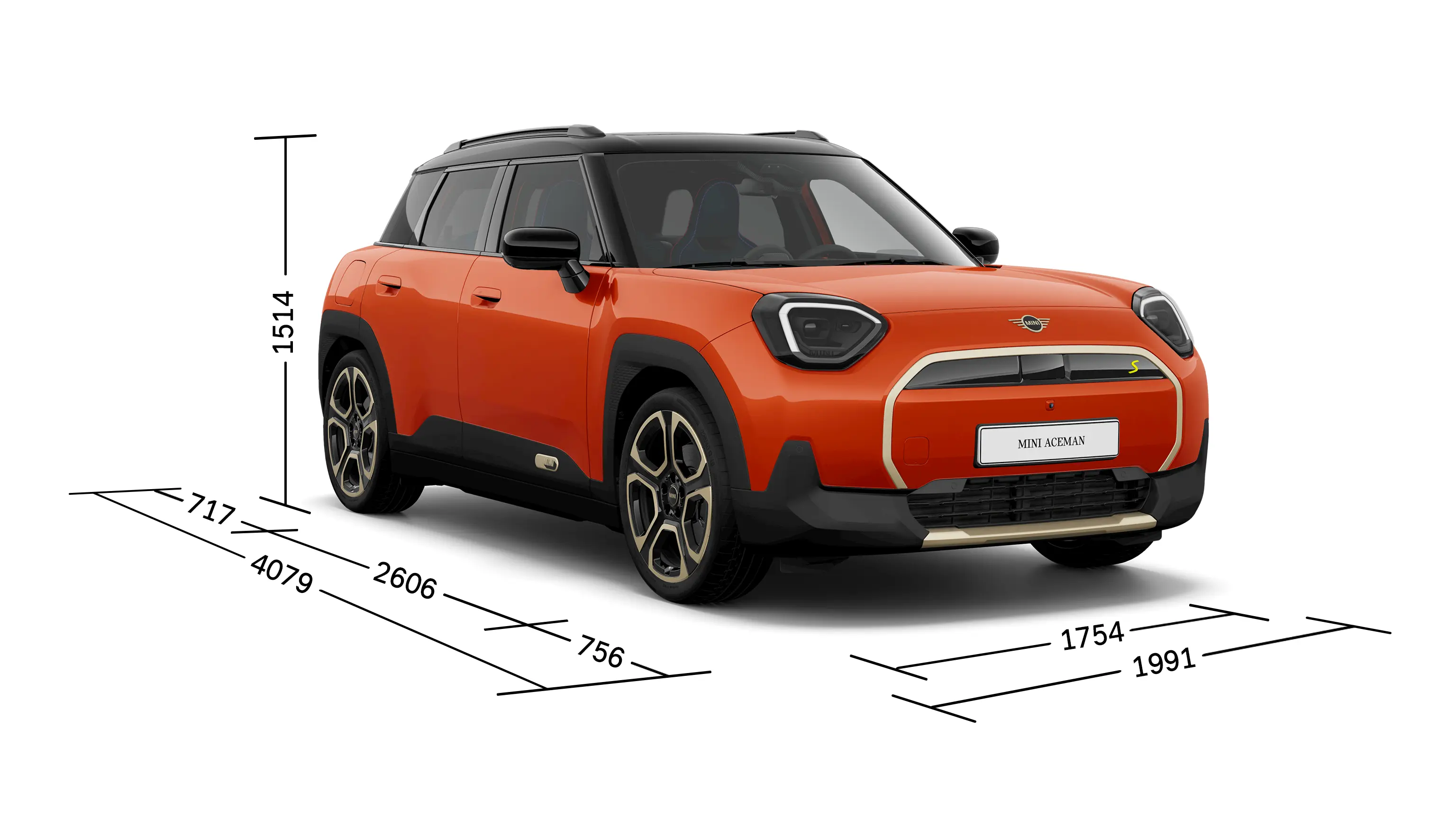Напълно електрическо MINI Aceman - изглед отпред с размери