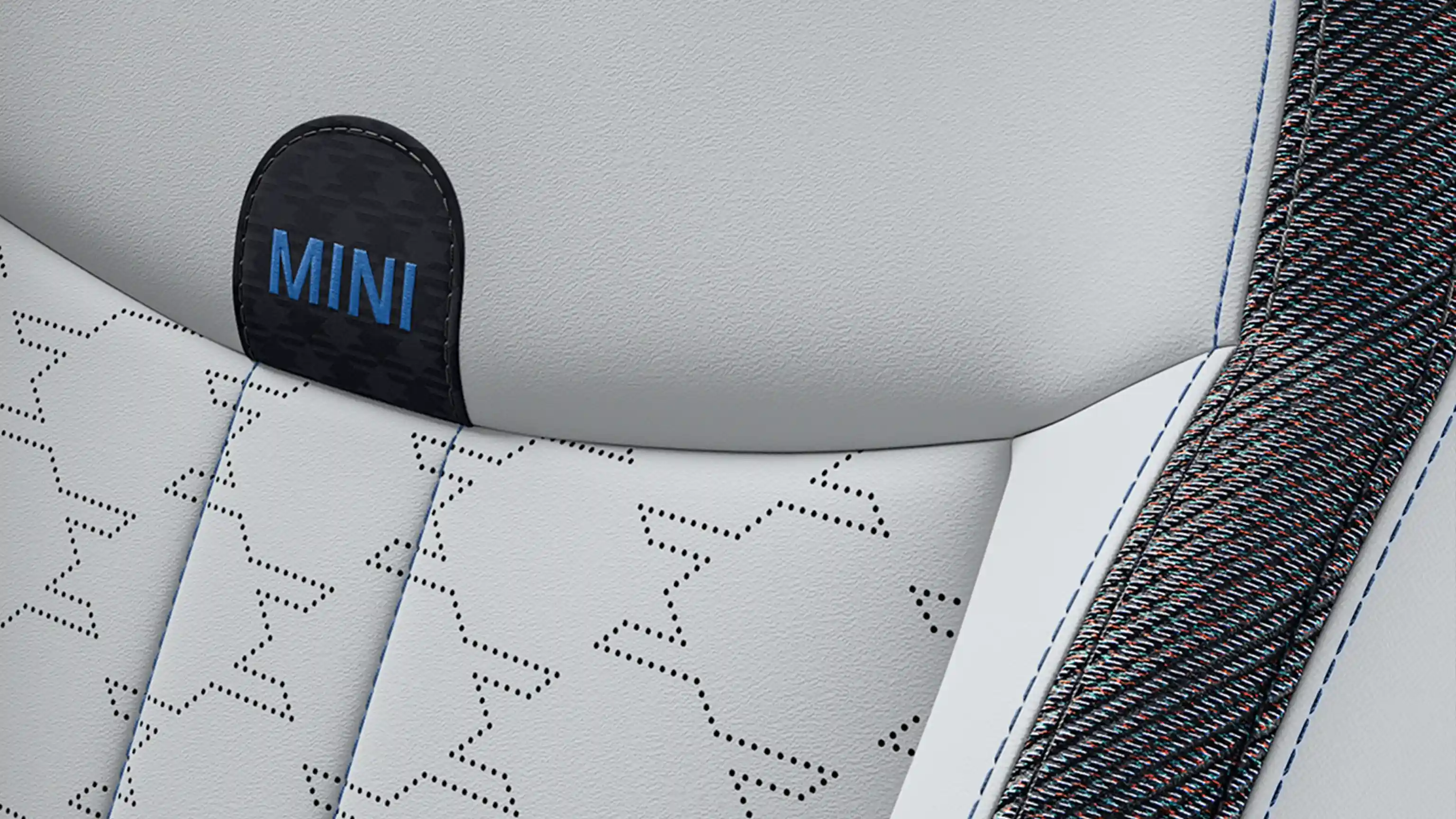 Изглед на MINI Cooper 5-Door в стил Classic със седалки от комбинирана тапицерия Grey/Blue – Vescin/Cloth