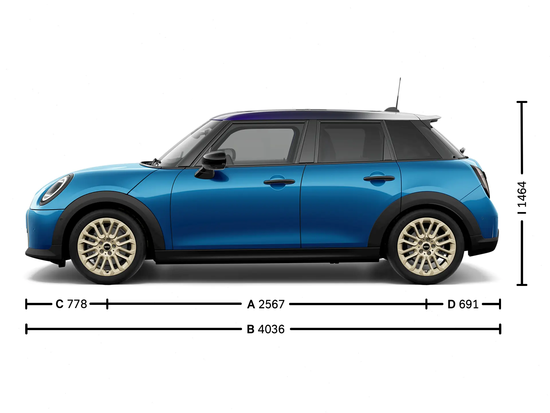 MINI Cooper 5 врати - размери встрани