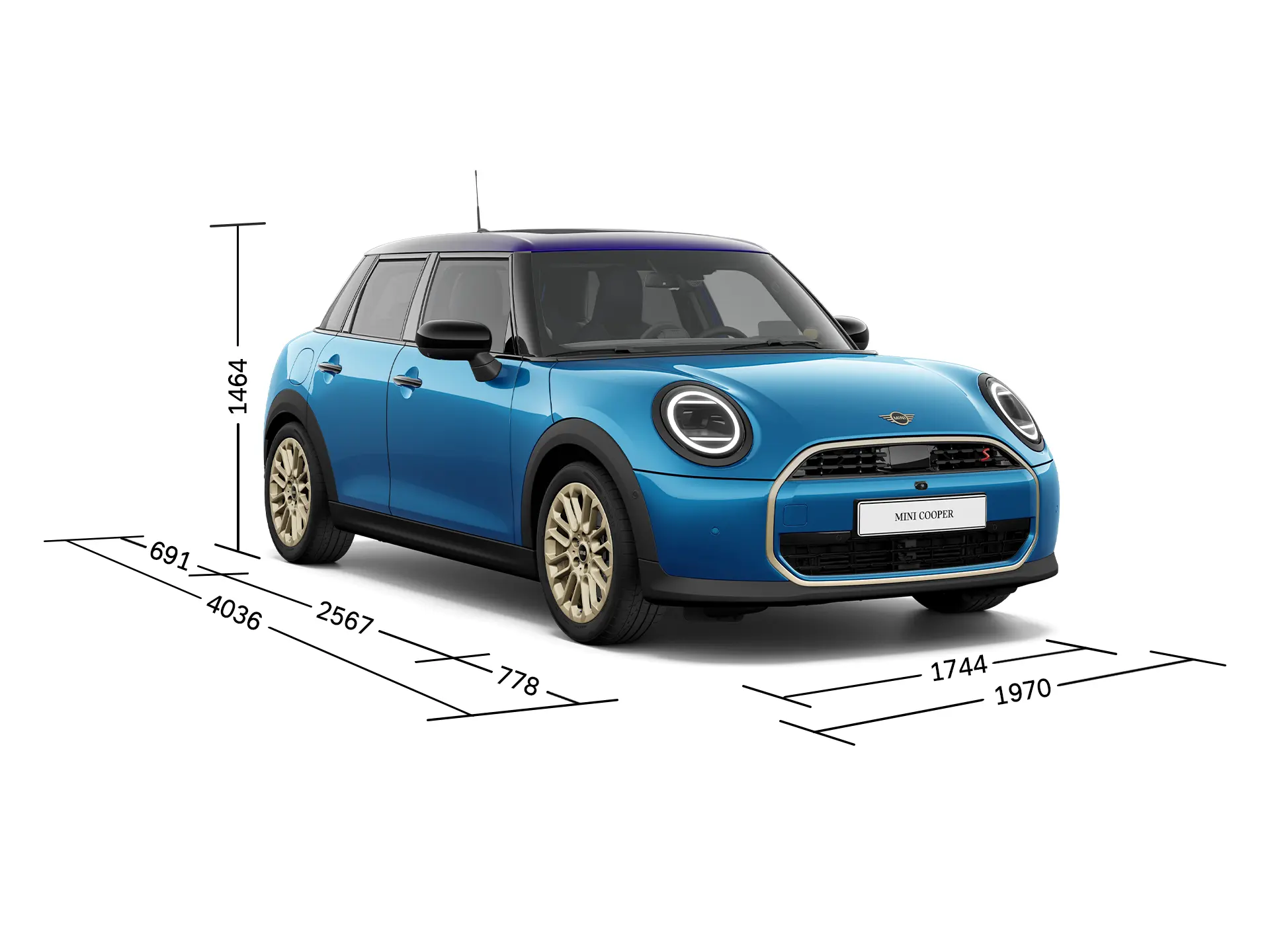 MINI Cooper 5 врати - изглед отпред с размери
