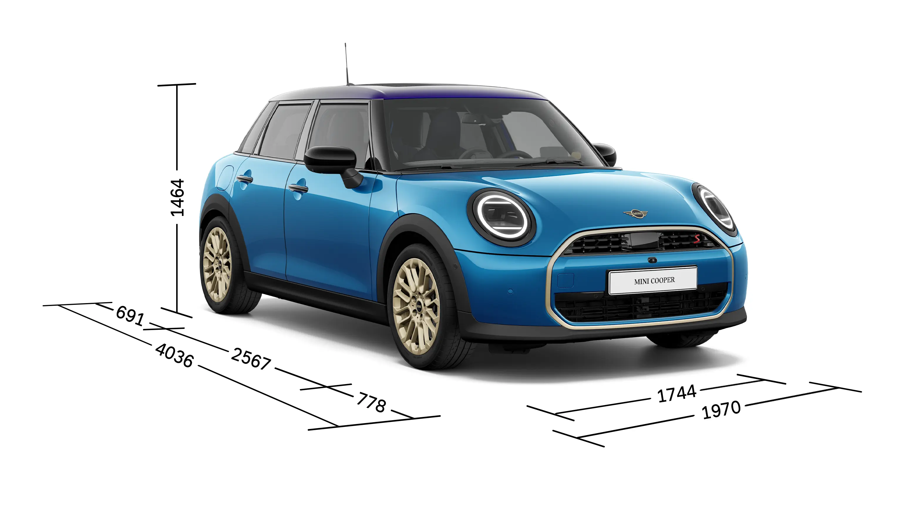 MINI Cooper 5 врати - изглед отпред с размери