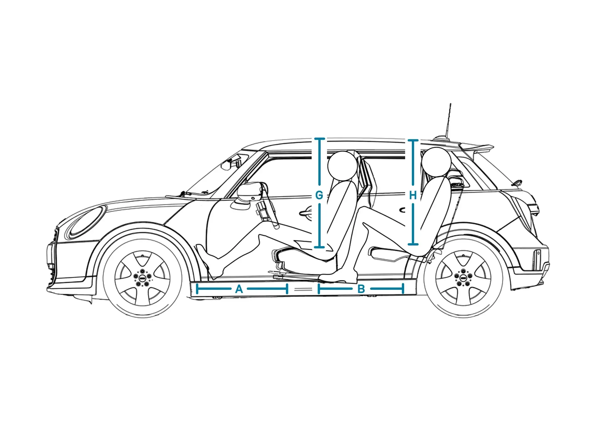 MINI Cooper 5 врати - размери интериор встрани