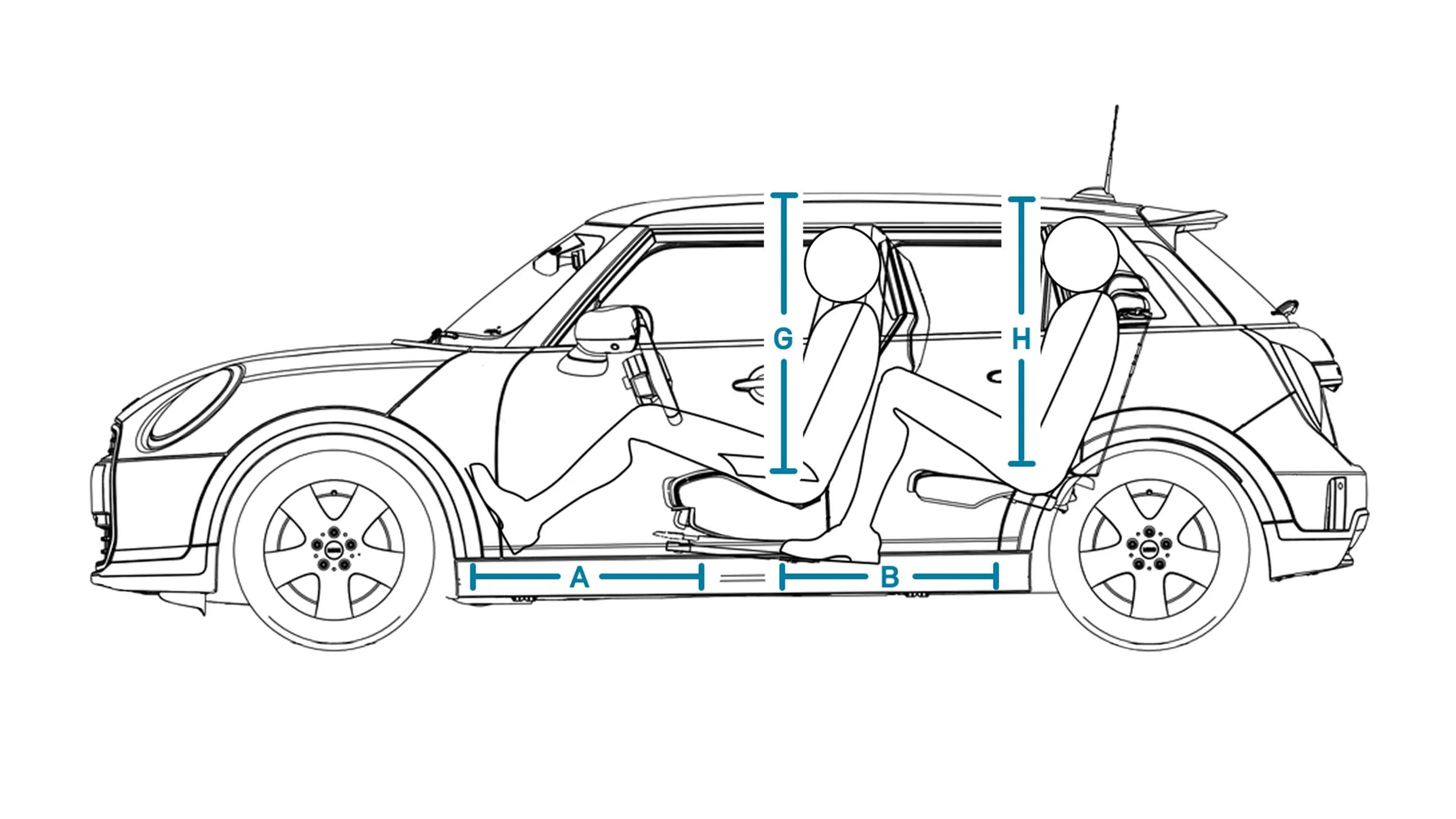 MINI Cooper 5 врати - размери интериор встрани