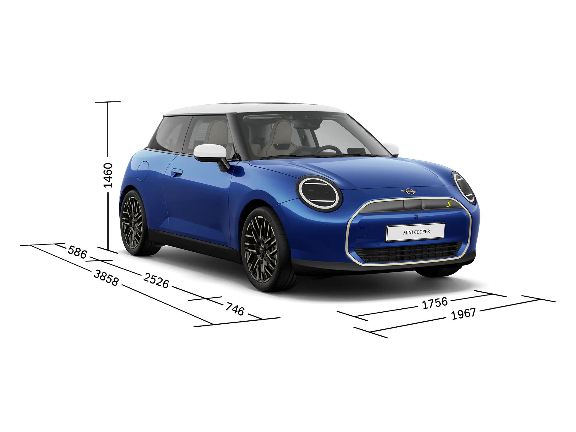 Напълно електрическо MINI Cooper - изглед отпред с размери