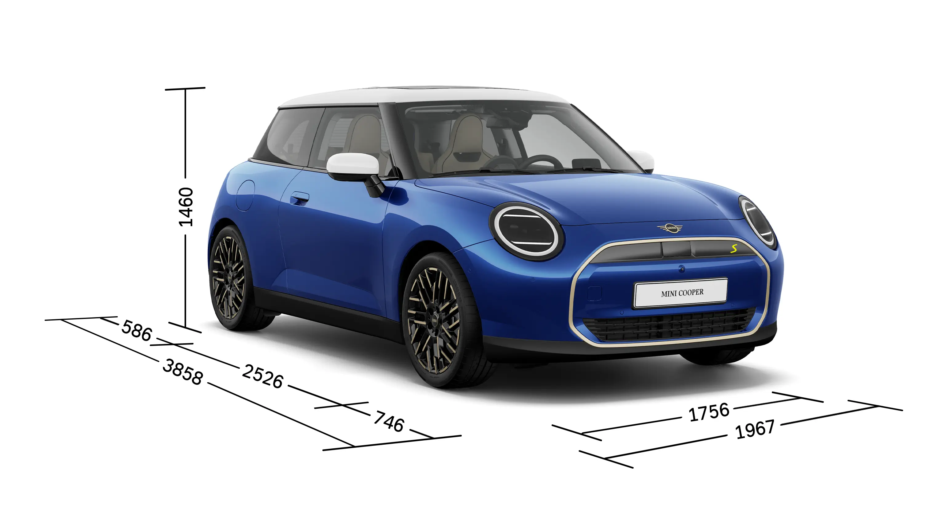 Напълно електрическо MINI Cooper - изглед отпред с размери