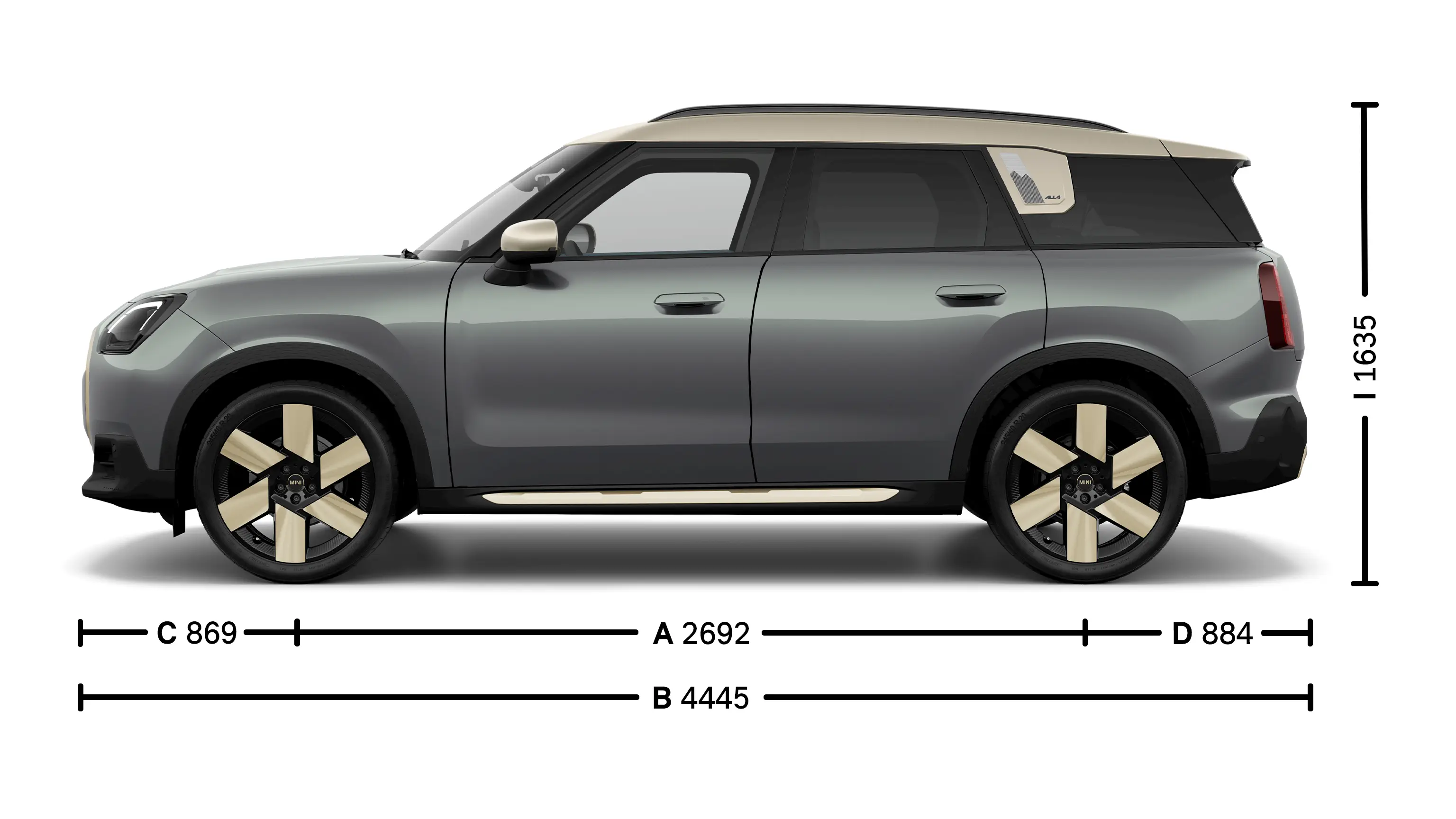 Напълно електрическо MINI Countryman размери встрани