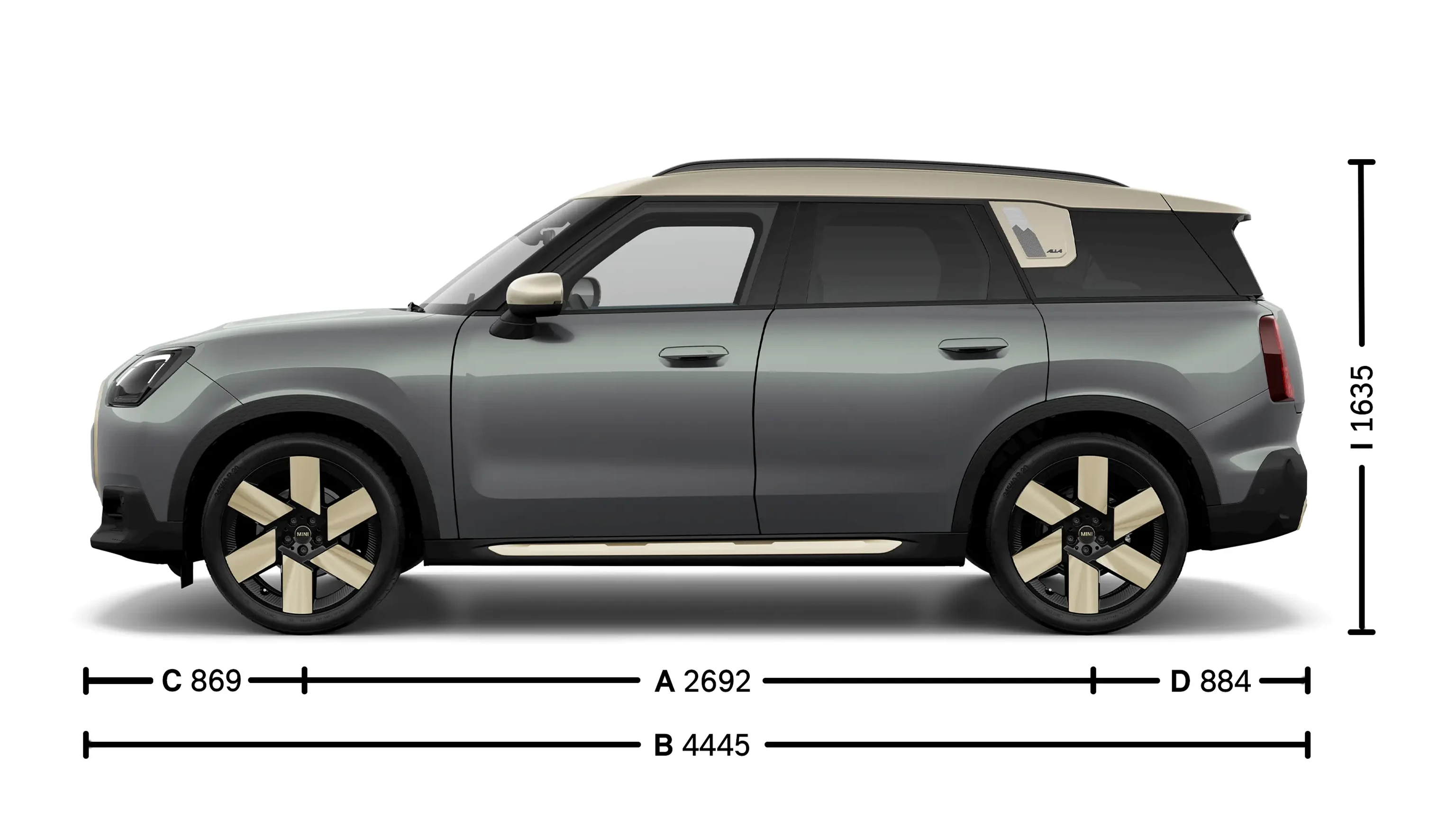 Напълно електрическо MINI Countryman размери встрани