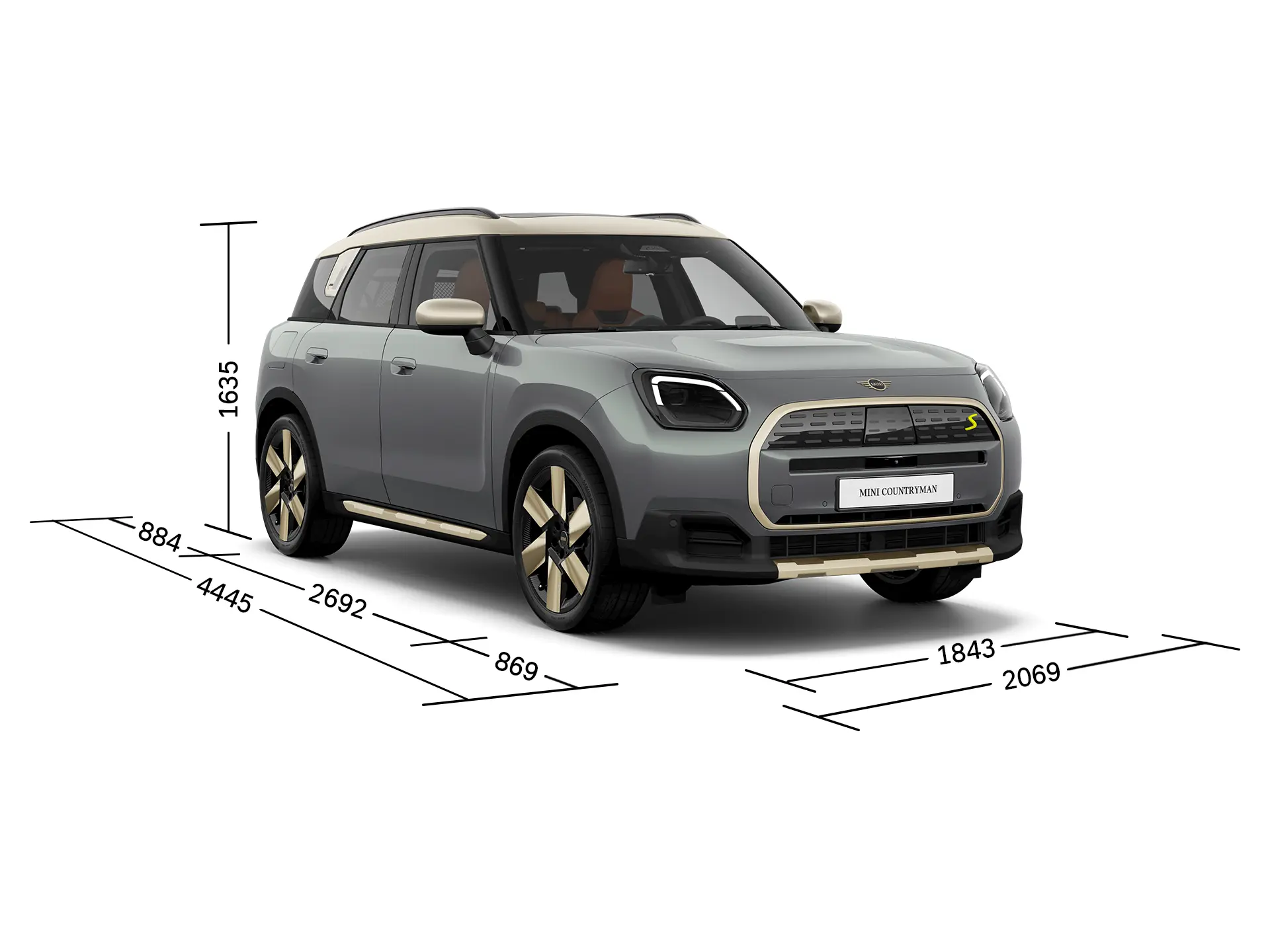 Напълно електрическо MINI Countryman - изглед отпред с размери