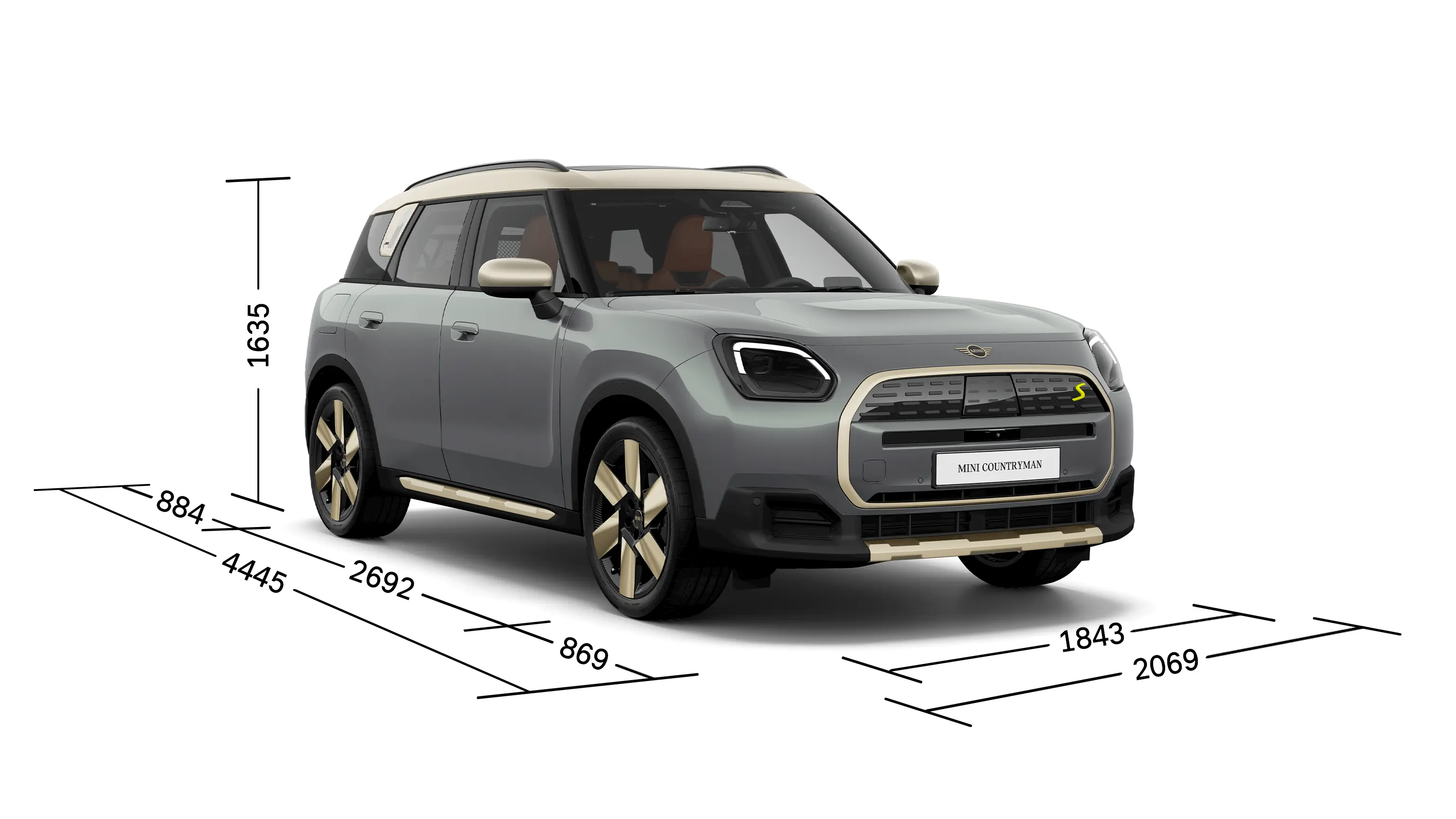 Напълно електрическо MINI Countryman - изглед отпред с размери
